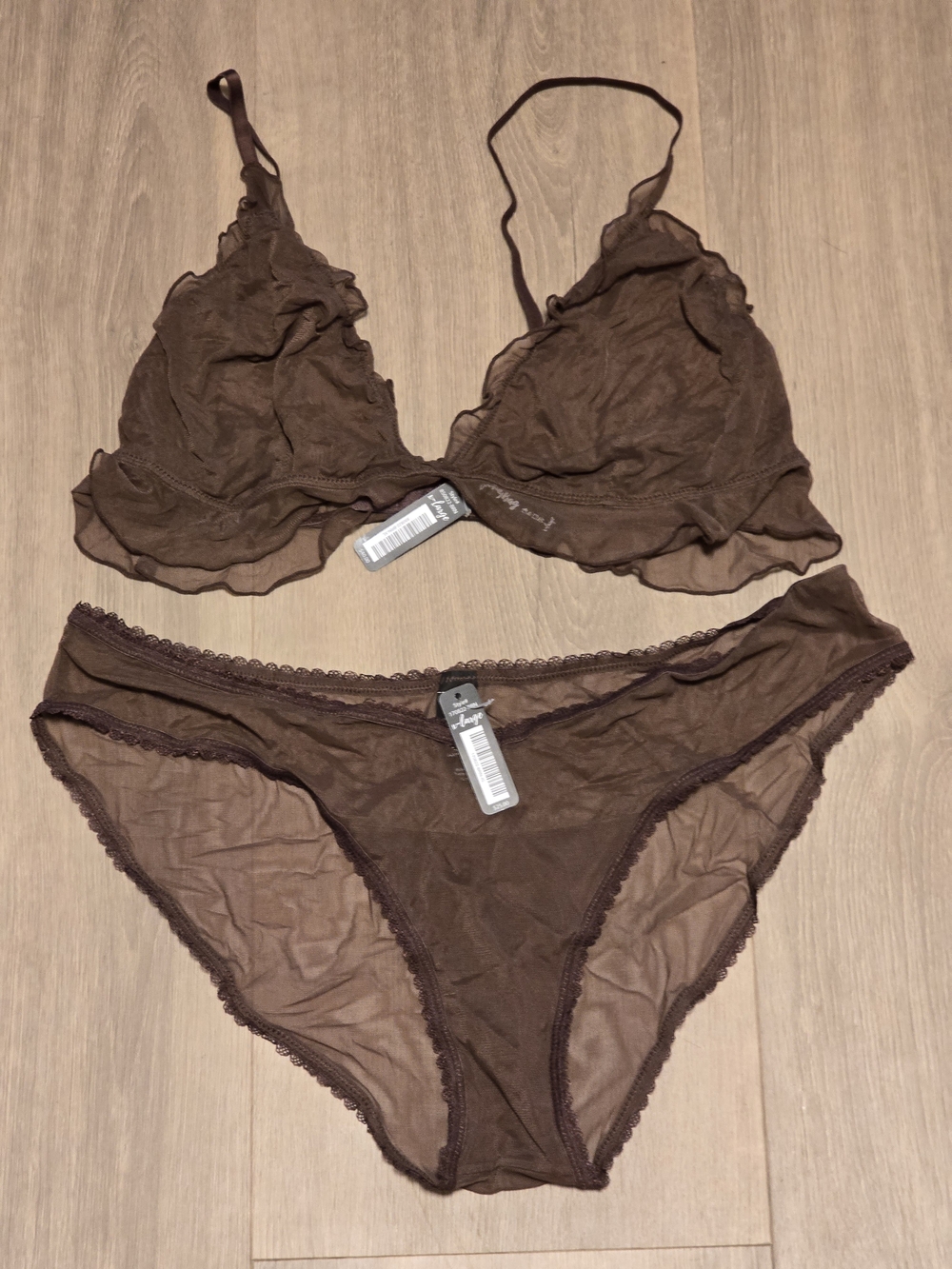 NWT BootyBag Sheer Brown Lingerie Set - Bralette & Bikini Briefs - Size XL